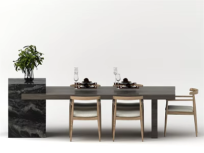 Modern Dark Dining Table Set With Light Wooden Chairs Wine Glasses Plates And Green Plant 3d model