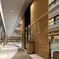 Shopping Mall Lobby Interior Design With Escalator Wooden Slat Ceiling Storefront Windows And Modern Lighting