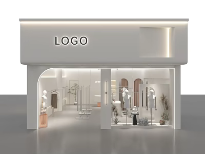 Modern Clothing Store Front With White Exterior Window Display Mannequins And Plants 3d model