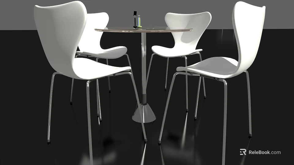Modern Dining Set With Round Table White Chairs And Metal Legs 3d model 