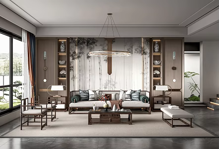 New Chinese Style Living Room Sofa Coffee Table Combination Ceiling Green Plant Potted Plant 3d model
