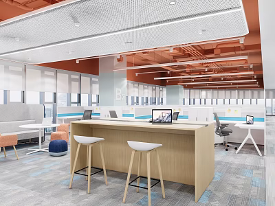 Modern Public Office Space Interior With Open Layout Wooden Counter White Stools And Red Beams 3d model