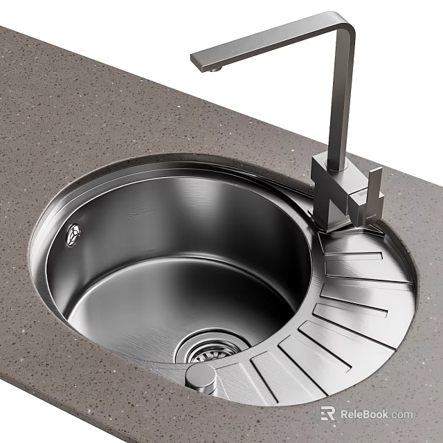 Stainless Steel Kitchen Sink With Modern Faucet On Grey Countertop Design 3d model 