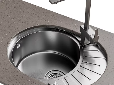 Stainless Steel Kitchen Sink With Modern Faucet On Grey Countertop Design 3d model