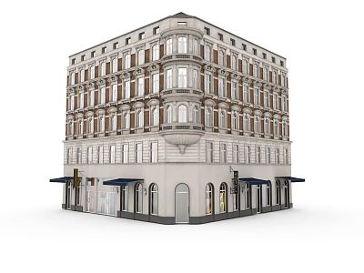 European style Classical Architecture With Multi story Design Ornate Windows And Ground Floor Shops With Awnings 3d model