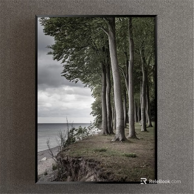 Seaside Landscape Painting With Tall Tree Trunks Grass Ocean View And Cloudy Sky 3d model 