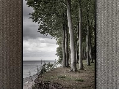 Seaside Landscape Painting With Tall Tree Trunks Grass Ocean View And Cloudy Sky 3d model