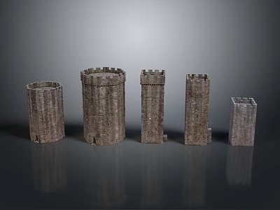 Architectural Tower Models with Various Styles Different Heights Stone Material and Top Designs 3d model