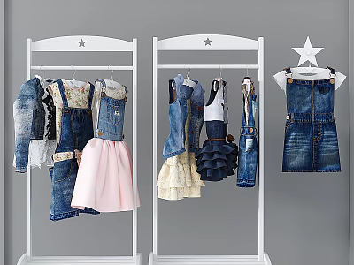 Cute Children's Clothing Collection On White Racks With Denim Overalls And Dresses 3d model