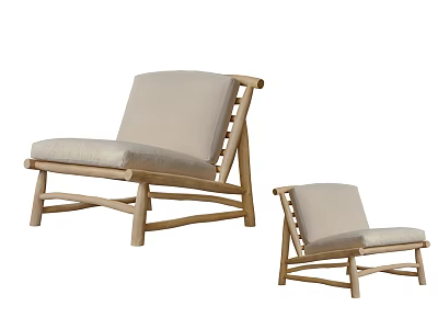 Modern Minimalist Leisure Chairs With Wooden Frame And Light Beige Cushions In Two Sizes 3d model