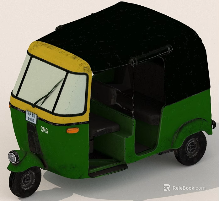 Green And Yellow CNG Auto Rickshaw With Black Roof Open Door And Seating 3d model 