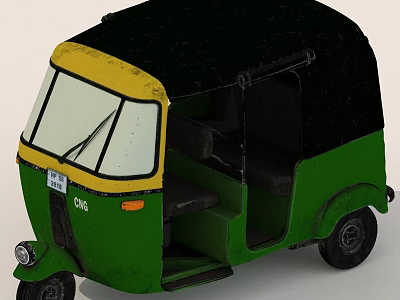 Green And Yellow CNG Auto Rickshaw With Black Roof Open Door And Seating 3d model