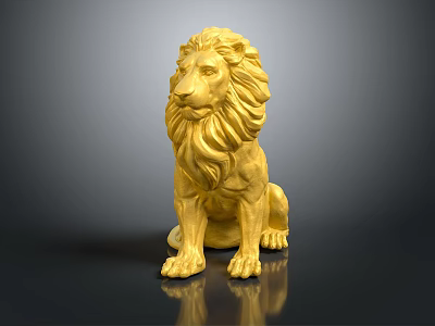Detailed Golden Lion Sculpture Sitting With Majestic Mane And Shiny Golden Surface 3d model