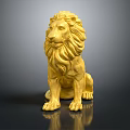 Detailed Golden Lion Sculpture Sitting With Majestic Mane And Shiny Golden Surface
