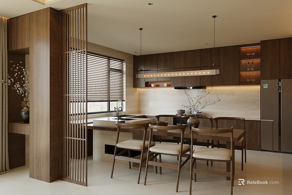 Modern Restaurant Interior With Wooden Screen Blinds Cabinets Dining Table And Chairs 3d model 
