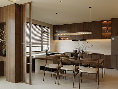 Modern Restaurant Interior With Wooden Screen Blinds Cabinets Dining Table And Chairs 3d model