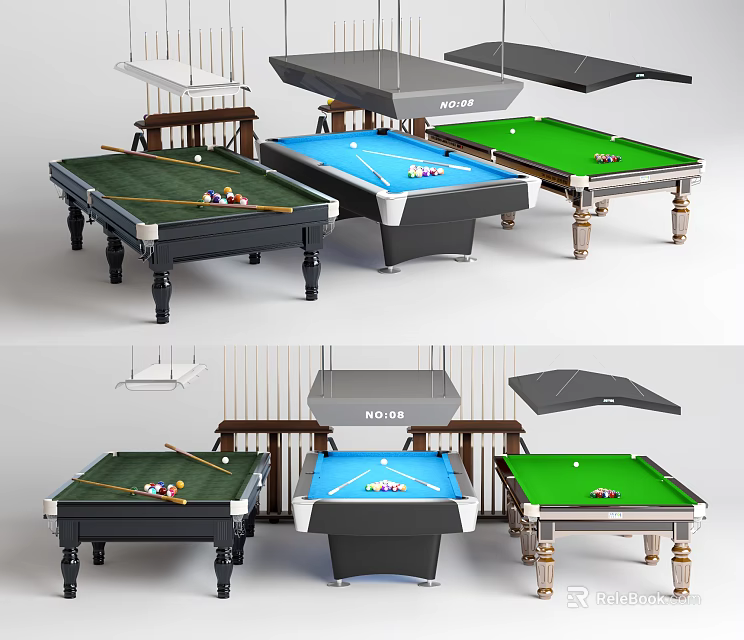 Sports Equipment Pool Tables in Green Blue Colors with Pool Cues and Balls 3d model 