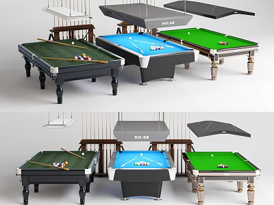 Sports Equipment Pool Tables in Green Blue Colors with Pool Cues and Balls 3d model
