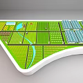 Commercial Equipment Curved Display Model With White Base Green Areas Blue Sections And Greenhouse Structures