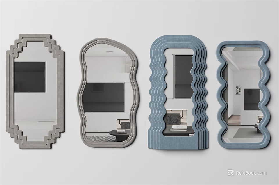 Modern Decorative Mirrors With Gray And Blue Frames And Unique Shapes 3d model 