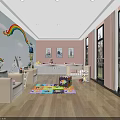 Cheerful Kids Nursery Interior With Rainbow Decoration Cartoon Paintings Wooden Floor And Colorful Play Mat