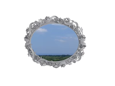 Round Mirror with Ornate Floral Frame Reflecting Blue Sky White Clouds and Green Landscape 3d model