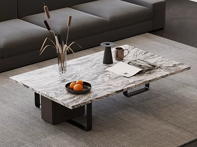 Modern Marble Coffee Table with Gray Sofa Vase Reeds Cup Oranges and Book 3d model