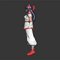 Anime Character in Red White Outfit with Dark Blue Hair Red Hairpiece and Red Shoes