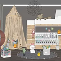 Playful Kids Room Interior With Tented Canopy Bunk Bed Stuffed Toys Chalkboard and Star Decorations
