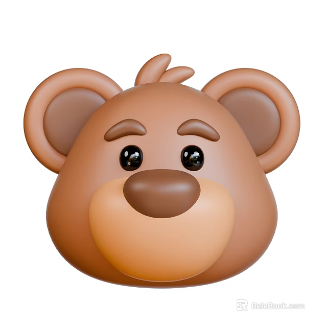 Cute Brown Cartoon Bear Head With Big Ears Black Eyes And Round Face 3d model 