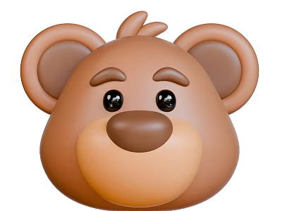 Cute Brown Cartoon Bear Head With Big Ears Black Eyes And Round Face 3d model