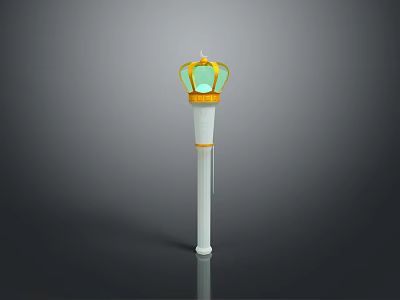 Decorative Weapon Torch With Golden Top Green Gemstone White Long Pole And Yellow Bottom Ring 3d model