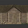 Traditional Log Cabin With Thatched Roof Wooden Logs Stack And Green Plants
