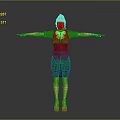 Female Character In Red Sleeved Blue Uniform With Arms Extended Standing On Gray Backdrop