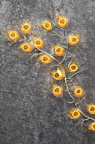 Unique shaped Wall Lamp with Branch like Design and Golden Circular Lights on Dark Wall 3d model