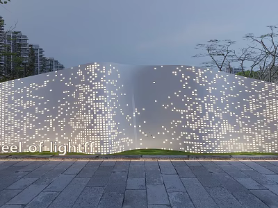 Modern Outdoor Landscape Wall With Perforated Dots And Illuminated Light Design In Green Grass 3d model