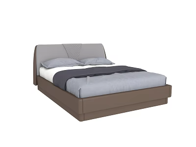 Modern Double Bed with Grey Upholstered Headboard Dark Brown Frame Grey Pillows and Black Blanket 3d model