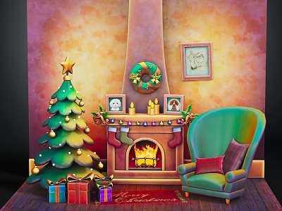 Cozy Christmas Living Room Interior With Tree Fireplace Wreath Stockings Gifts And Armchair 3d model