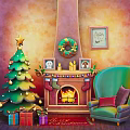 Cozy Christmas Living Room Interior With Tree Fireplace Wreath Stockings Gifts And Armchair