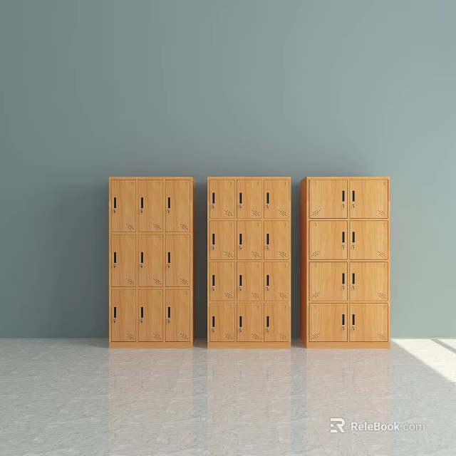 Light Wood Wardrobes With Multiple Doors And Drawers Against Gray Wall 3d model 