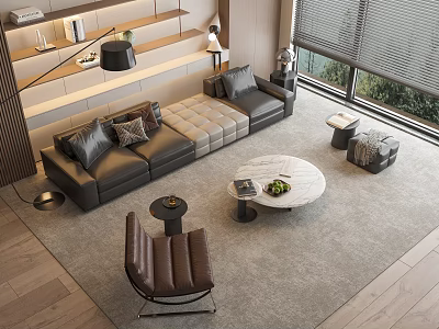 Elegant Modern Living Room Sofa Coffee Table Set With Leather Upholstery And Marble Top 3d model