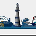 Nautical Themed Photo Spot with Lighthouse Ship Dolphin Waves and Blue White Design