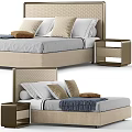 Double Bed With Woven Headboard Beige Mattress Decorative Pillows Knit Throw Blanket And Gold Nightstand