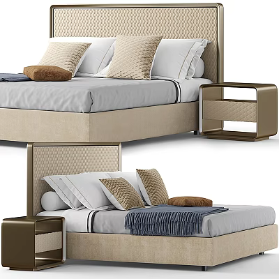 Double Bed With Woven Headboard Beige Mattress Decorative Pillows Knit Throw Blanket And Gold Nightstand 3d model