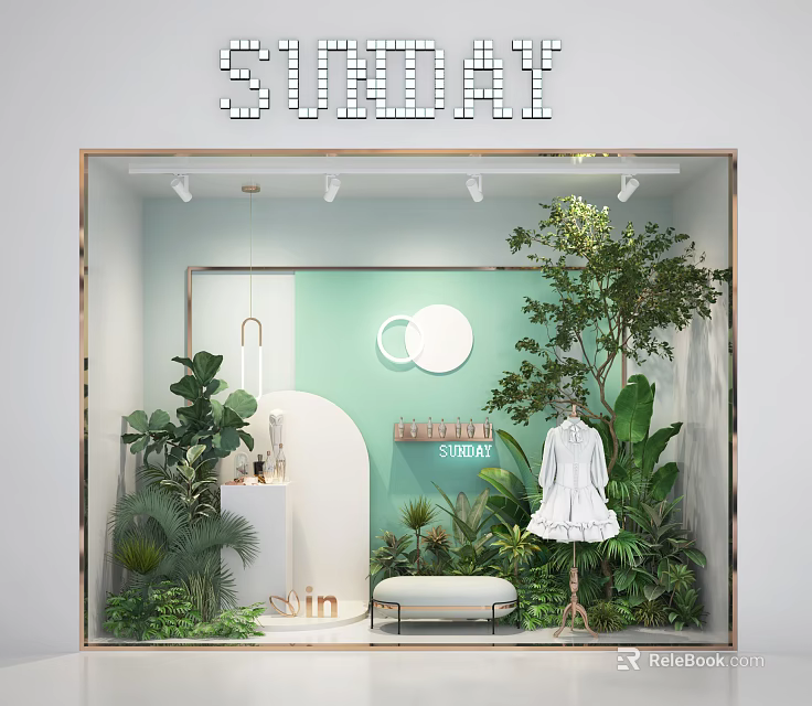 Sunday Themed Shop Window With Green Background Lush Plants White Dress And Bench 3d model 