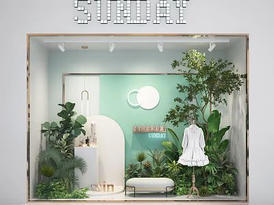Sunday Themed Shop Window With Green Background Lush Plants White Dress And Bench 3d model