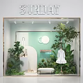 Sunday Themed Shop Window With Green Background Lush Plants White Dress And Bench
