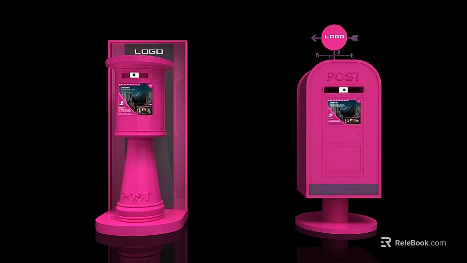 Pink Public Post Boxes With Transparent Window Logo And Arrow Indicators 3d model 