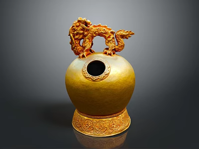 Intricate Dragon Shaped Sculpture Carving With Yellow Spherical Body Circular Opening And Ornate Base 3d model