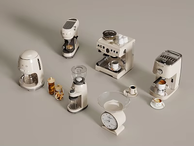 Modern White Beige Kitchen Small Appliances With Coffee Makers Blenders Scale And Accessories 3d model